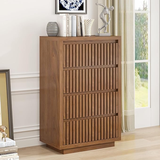 Fluted 4 Drawer Dresser, Mid Century Small Dresser for Bedroom, Wood Chest of Drawers, Modern Closet Clothes Organizer, Walnut Wooden Storage for Living Room, Brown