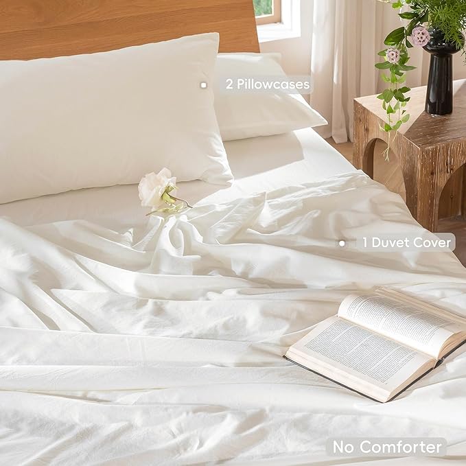 MooMee Bedding Duvet Cover Set 100% Washed Cotton Linen Like Textured Breathable Durable Soft Comfy (Solid Off White, Cal King 104"x98")