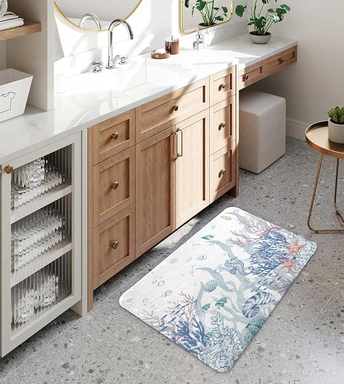 Nautical Coastal Bath Rugs for Bathroom, Ocean Themed Coral Seashell Beach Starfish Seahorse Non Slip Flannel Bathroom Rug, Dry Fast Water Absorbent Bath Mats, 17x29 Inch