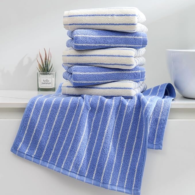 Blue Striped Hand Towels, Bathroom Hand Towel Set of 6, 13" By 29" - 100% Cotton | Quick Dry | Absorbent | Light Weight, Soft Face Towel for Showering & Guest, Luxury Towel Gift
