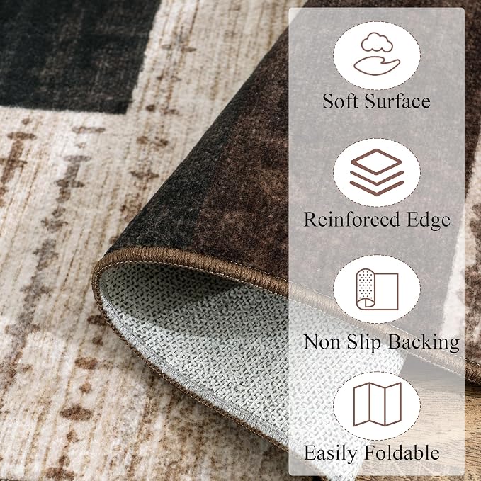 Modern Geometric Patchwork Indoor Runner Rug for Living Room, Chocolate 2.7'x 10' Rug Rockwood Collection Hardwood Floors Decor for Bedroom, Brown Throw Carpet for Office Entryway Dining Room