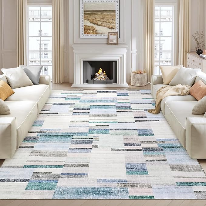 Modern Area Rugs 5x7 Rug for Living Room Washable Geometric Throw Rugs with Non-Slip Backing, Non-Shedding Contemporary Accent Carpet, Low Pile Floor Cover for Bedroom, Office, Blue