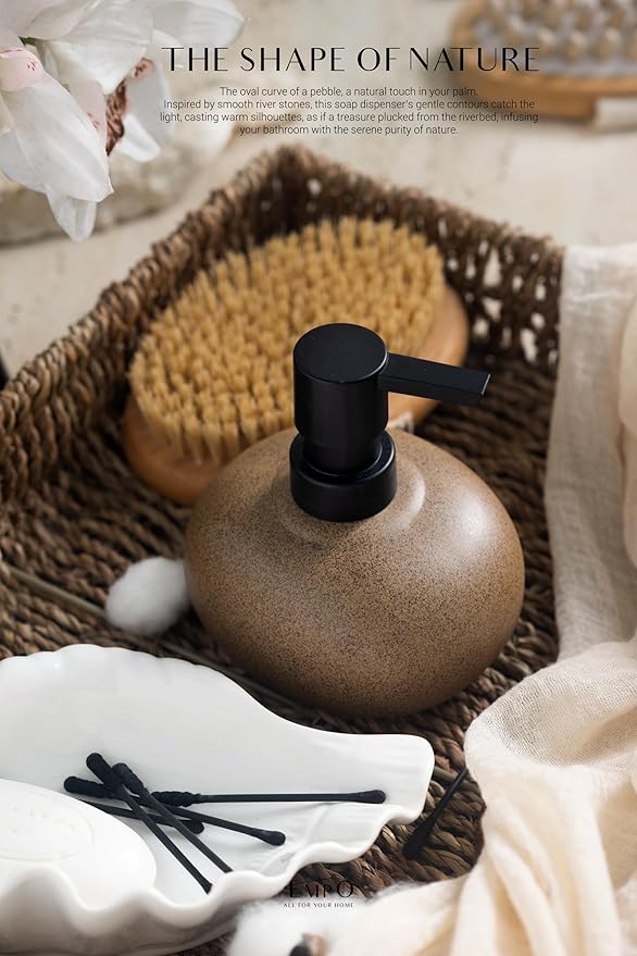 EMPO Ceramic Hand Soap Dispenser with Matte Black Pump, Stone-Textured Wabi-Sabi Liquid Dispenser for Bathroom Vanity and Kitchen Sink (300ml/10.14oz)