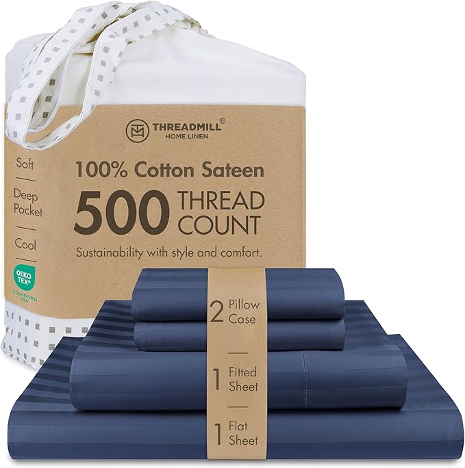 Threadmill 500 Thread Count Queen Size Damask Stripe, 4 Pc Luxury Cotton Sheet Set, Silky Smooth Folkstone Blue Sheets with 16" Elasticized Deep Pocket, 2 Pillowcases & Free Tote Bag