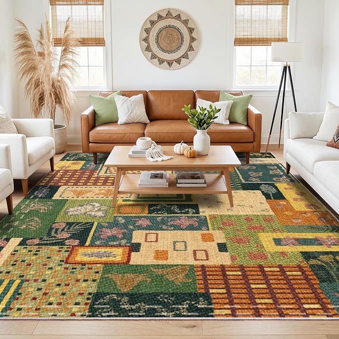 6x9 Flowers Patchwork Area Rugs for Living Room, Large Soft Faux Wool Rug for Bedroom, Green Boho Carpet, Non-Slip Low Pile Washable Rug for Dining Room Office Home Hardwood Floor