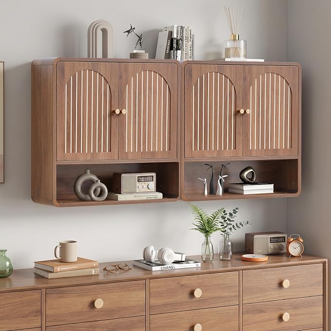 Wall Mounted Storage Cabinet for Bathroom, Mid-Century Wood Medicine Cabinet with Adjustable Shelf & Door, Over Toilet Organizers for Bathroom, Laundry Room, Kitchen (Walnut Color)