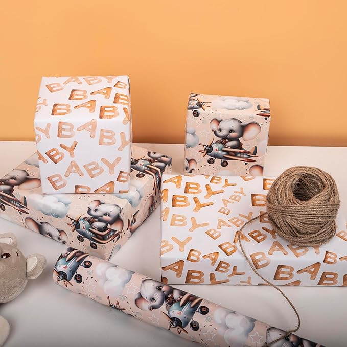 Altarho Reversible Baby Elephant Wrapping Paper Roll For Kids Boys Girls Elephant in Airplane with Baby Words Design Gift Wrap Sheets for Neutral Baby Shower Birthday Party Decoration Total 28.5sq.ft