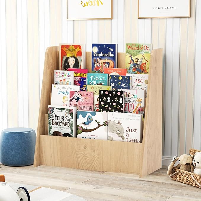 HONEY JOY Kids Bookshelf, 4-Tier Wooden Toddler Bookcase, Children Book Rack & Magazine Display Shelf, Toy Storage Organizer, Book Shelf for Kids Rooms, Playroom, Nursery, Classroom (Natural)