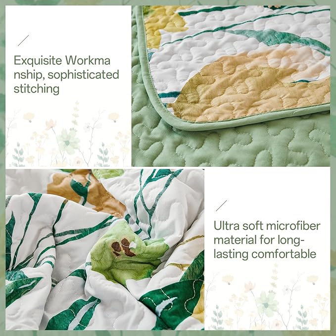 Anibedding Green Quilt Set Queen Size, Floral Bedspread with 2 Pillowcases, Soft Microfiber Lightweight Coverlet Bedding Set for All Season(96"x90")