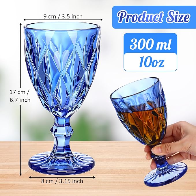 Yinder Glass Goblet Vintage Wine Goblet Embossed Glassware 10 oz Solid Color Glass Stemmed Cups for Iced Tea Beverage Soda Juice Water Liquor and Party Wedding Bars Restaurants (Blue,12 Pack)