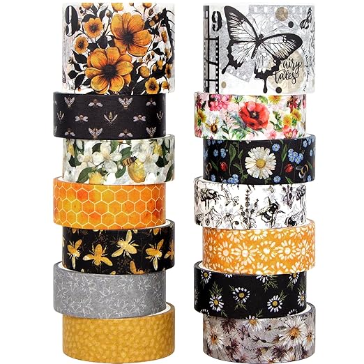 KOVANO Washi Tape Set 14 Rolls, Vintage Bee Floral Butterfly Botanical Washi Tape, Yellow Black Decorative Tapes for Scrapbooking Supplies, Junk Journal, Bullet Journaling, Art Crafts