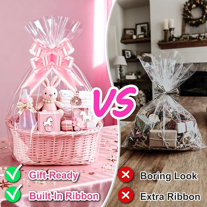PigPotParty 24"x30" Clear Cellophane Gift Bags with Pink Bows – 10 Pack Large Cellophane Wrap for Gift Baskets, Plastic Gifts Bags for Baby Girl Shower, Birthday Party and Bridal Shower