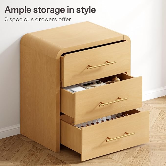 Curved 3-Drawer Nightstand Dresser, 23.6'' Wide Modern Wood Bedside Tables with Long Metal Handles, Large Storage End Tables for Bedroom, Office, Natural Oak