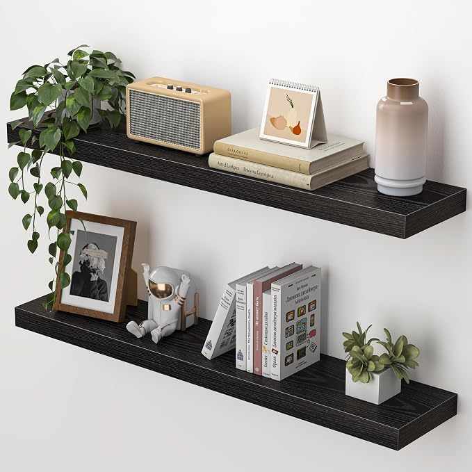 Heimlove Floating Shelves for Wall 32 Inch,Mounted Storage Wood Shelves with Invisible Brackets Hanging Shelf for Bedroom Living Room Kitchen Office,Set of 2,Black
