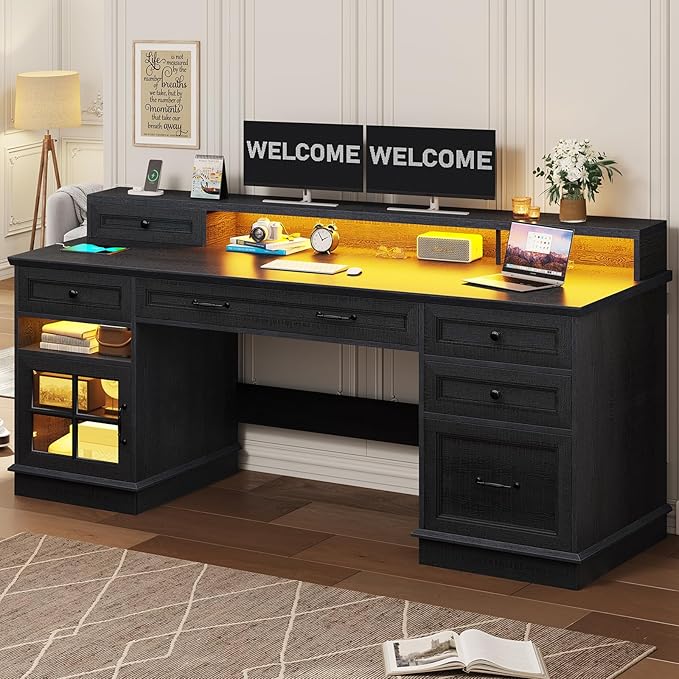 BTHFST 59.1" Executive Desk with File Drawer, Home Office Desk with Charging Station & LED Lights, Computer Desk with Drawers & Storage Cabinet, Executive Office Desk with Monitor Stand, Black