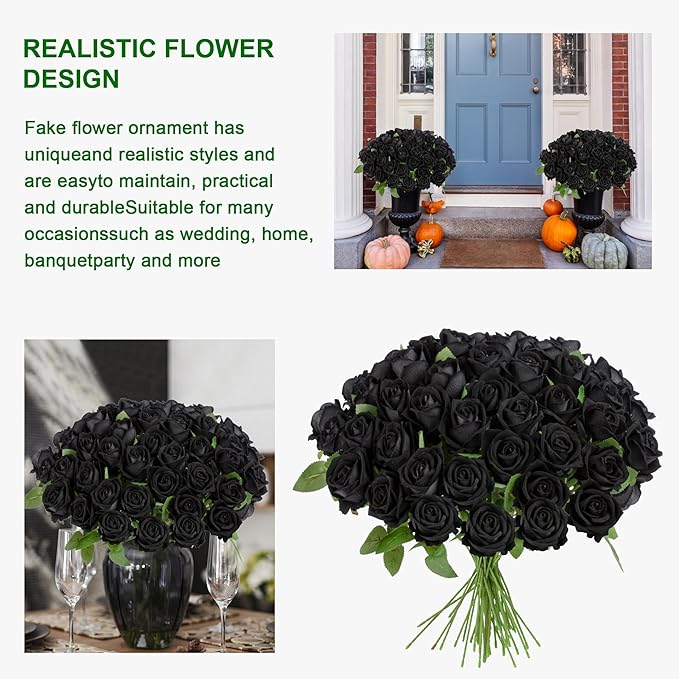 Fake Plants Roses Flowers Plastic Flowers Spring Decorations for Home Gifts for Gf Roses Artificial Flowers for Vase Fake Flowers Home Decor 19.6"(Black 50PCS)