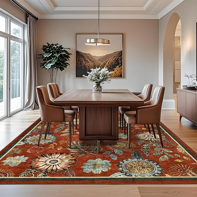 Washable 8x10 Modern Floral Area Rug Ultra Soft Thin Bedroom Carpet Non Shed Large Rugs Non Slip Living Room Rustic Rug Stain Resistant Indoor Home Decor Carpet for Farmhouse Dining Room, Brick Red