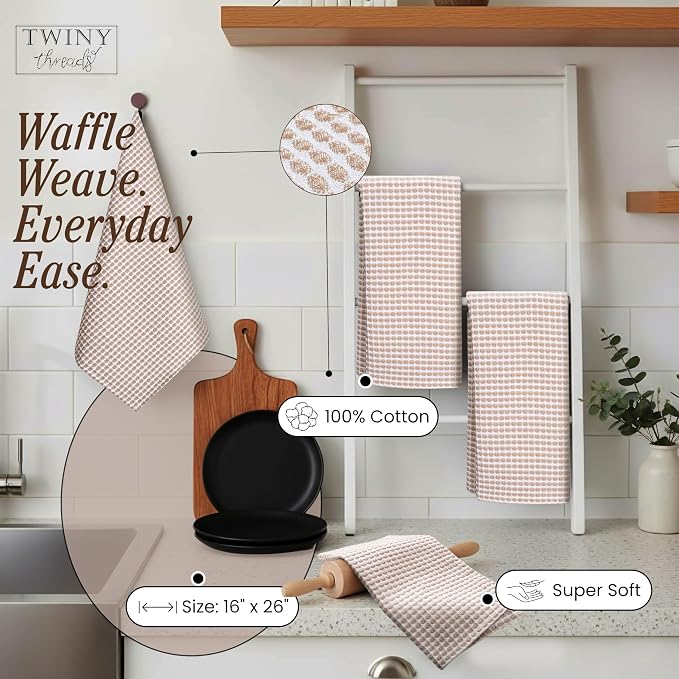 TWINY threads Circle Waffle Dish Towels 4 Pack, 16x26 Inches, 100% Cotton, Heavy Duty, Absorbent Dishcloth Set, Perfect for Drying Dishes for Kitchen, Rustic Homes, Embroidery, General Use, Beige
