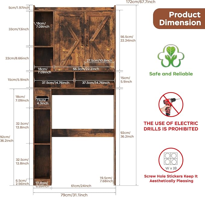 Over the Toilet Storage Cabinet, 31.1”W Bathroom Organizer with Double Doors, Above Toilet Rack, Detachable Toilet Paper Holder for Bathroom & Laundry Room Brown