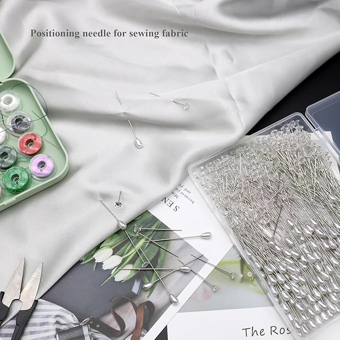 300Pcs Corsage Bouquet Pins Including 150Pcs 1.5 Inch Diamond Pins and 150Pcs 2.1 Inch Pearl Pins for Bouquets, Flower Pins for Sewing Straight Pins for Floral Wedding Decoration DIY Craft Sewing Pins