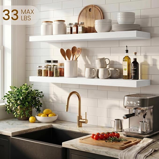 Dreamland Floating Shelves for Wall, 27.5 Inch Long Shelves, Wall Decor for Bedroom, Kitchen, Living Room & Book Storage, Mounted Floating Shelf with Invisible Brackets, Set of 2, White