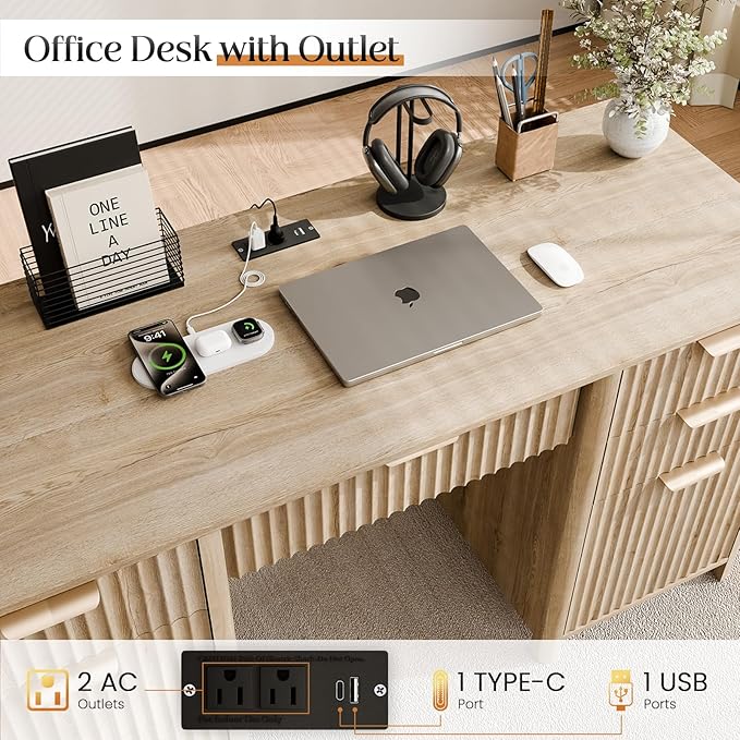 58" Fluted Home Office Desks with Storage, Modern Executive Desk Computer Desks with 5 Drawers & Cabinet, Wood Work Desk File Drawer for Office, Bedroom, Study, Living Room, Oak