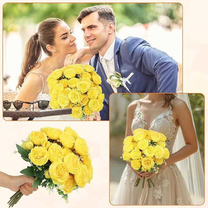 8 Pack Yellow Peonies Artificial Flowers, Fake Silk Hydrangea Bouquet for Bridal Wedding Home Table Decor Reusable Dining Opening Ceremony Birthday Arrangement Faux Floral