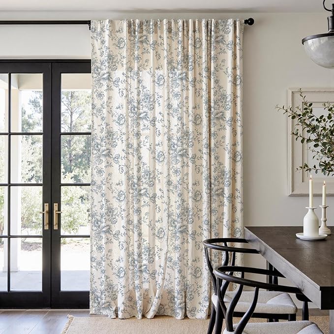 jinchan Linen Floral Curtains Extra Wide for Patio Sliding Glass Door Room Divider Curtain for Living Room 96 Inch Length Farmhouse Peony Blue Printed Curtain Set 1 Panel