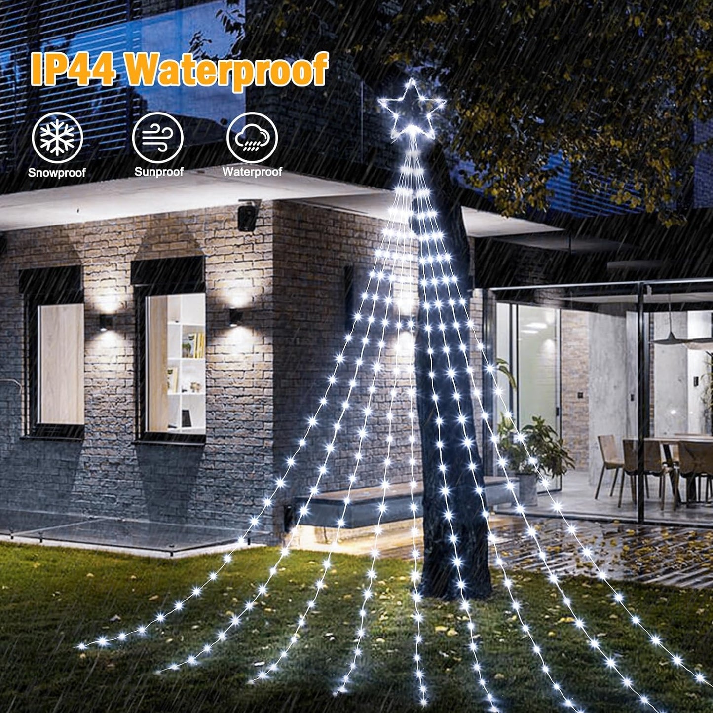 Skiennix Christmas Star String Lights - 344 LED Waterfall Tree Lights with Iron Topper | Pure White Indoor/Outdoor Decor