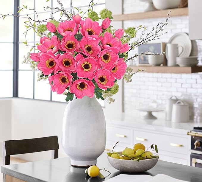 Hollyone 10 Heads Pink Poppy Flowers Artificial 2Pcs Fake Poppies Flowers Bouquets with 7 Heads Full Bloom Poppy & 3 Buds Bouquet Stems Spring Sumer Faux Floral Flower Arrangement for DIY Home Decor