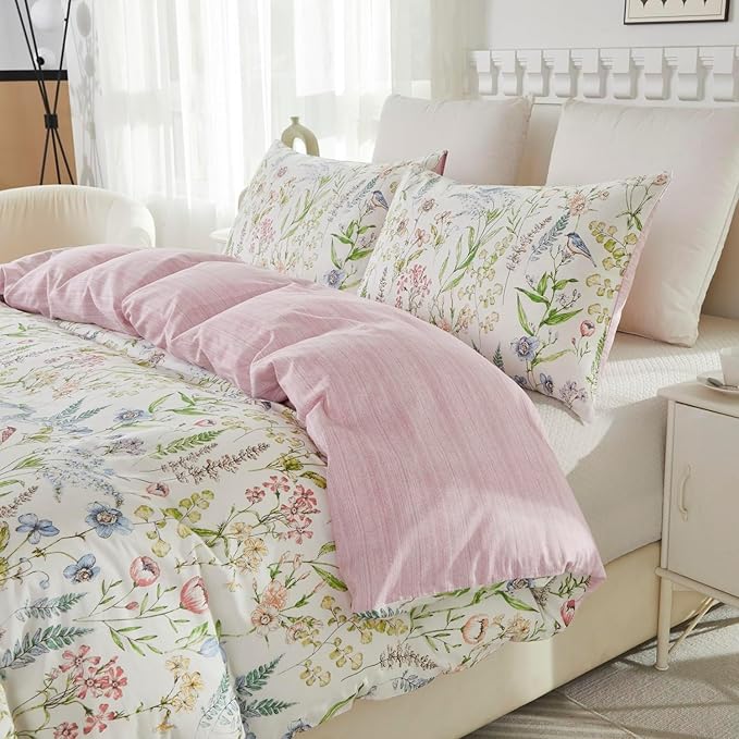EAVD Vintage Garden Style Botanical Floral Duvet Cover Full White Soft 100% Cotton Chic Floral Cute Bird Print Bedding Set with 2 Pillowcases Fresh Botanical Duvet Cover with Zipper Closure