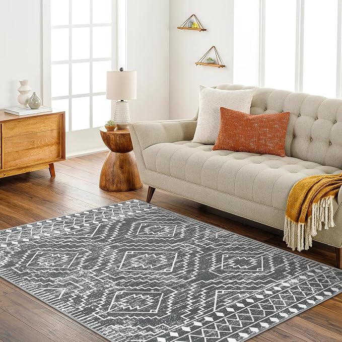 Wonnitar Moroccan 5x7 Washable Rug, Large Grey Area Rug for Living Room, Non-Slip Boho Bedroom Carpet Thin Soft Non-Shedding Farmhouse Rug for Dining Room Table Kitchen Home Office (Dark Grey,5'x7')