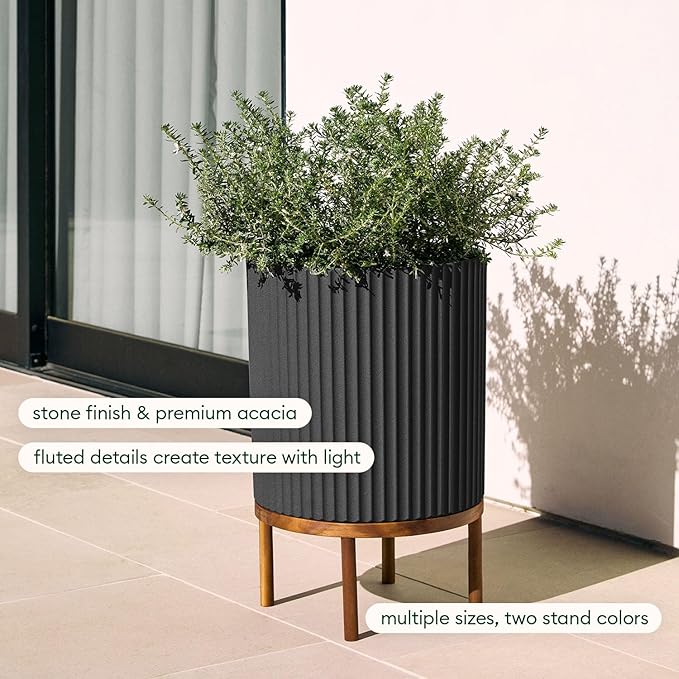 Veradek Demi Series Round Planter w/ Stand for Porch/Patio | Durable Plastic-Concrete & Wooden Stand | Modern Décor for Tall Plants, Flowers