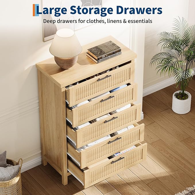 GarveeHome Fluted 5 Drawer Tall Dresser for Bedroom, 42.9 in Chest of Drawers, Wooden Dresser Chest with Clothes Storage Cabinet, Drawer Organizer, TV Stand for Bedroom, Living Room, Hallway, Natural