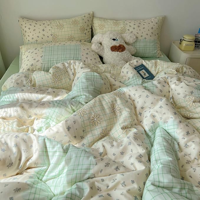 LifeTB Muslin Duvet Cover Queen Size 100% Cotton Botanical Floral Comforter Cover Aesthetic Flower Chic Plaid Desgin Cottagecore Bedding Set Breathable Soft Gauze Duvet Cover with 2 Pillowcases