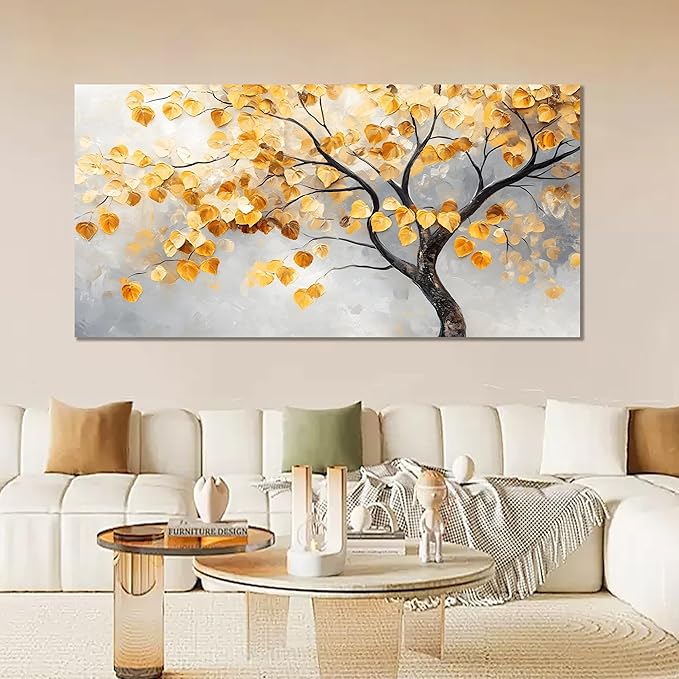 Tarfupth Gold Tree of Life Wall Art for Living Room Tree Leaves Large Artwork for Bedroom Office Kitchen Modern Canvas Prints 29x58 Inch