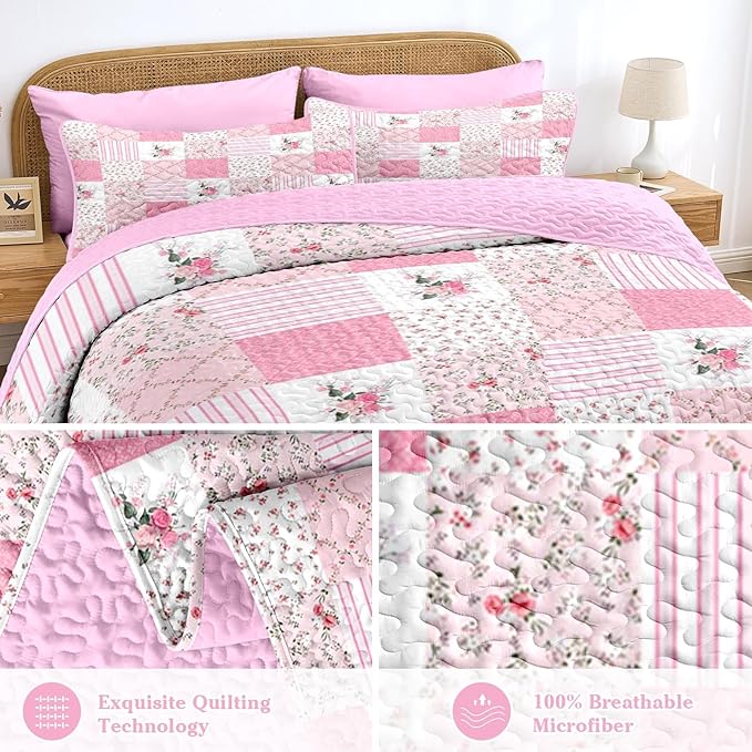 Quilt Set Twin Size, Pink Patchwork Flowers 2 Pcs Soft Bed Cover Bedding Set, Garden Floral Lightweight Bedspread Coverlet with Pillow Sham for All Season