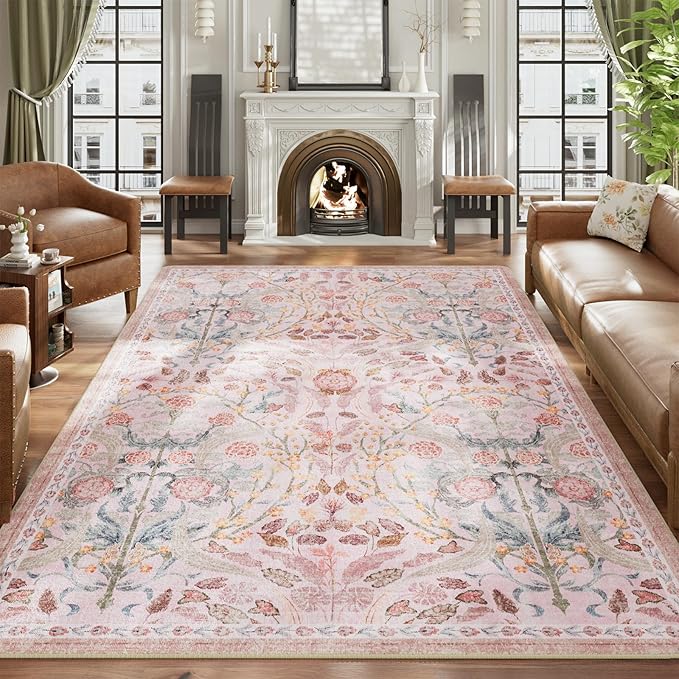 AMTOVO 8x10 Washable Area Rugs for Living Room, Non-Slip&Non-Shedding Floral Large Soft Boho Vintage Accent Print Carpet for Bedroom Girls Room Dorm Dining Room Farmhouse Nursery Home Office, Pink