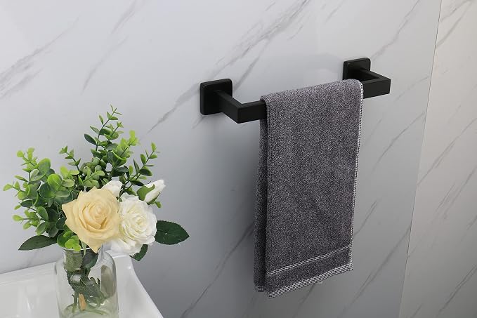 TocTen Bath Towel Rack - Square Base Thicken SUS304 Stainless Steel Towel Bar for Bathroom, Bathroom Accessories Towel Rod Heavy Duty Wall Mounted Towel Holder. (Black, 12)