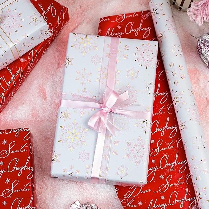 MAYPLUSS Christmas Wrapping Paper Roll - 17IN X 33FT - Christmas Gift Wrapping Paper Featuring Pink and Gold Snowflake Against White Reversible Red for Kids, Holiday, New Year