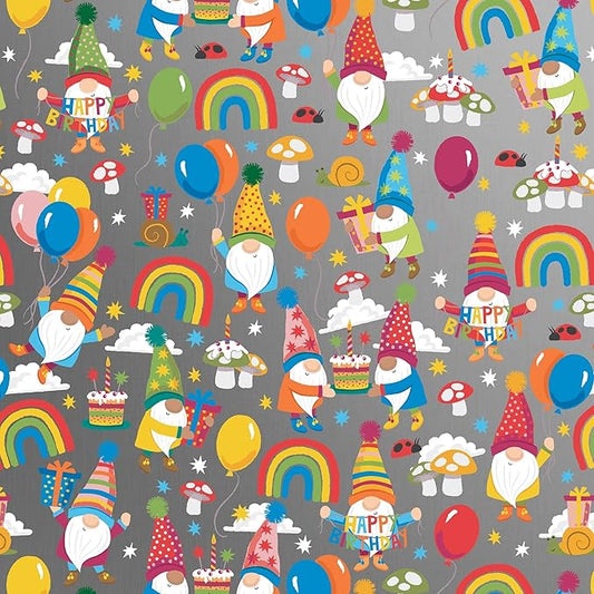 Jillson Roberts Bulk Gift Wrap, Everyday Gift Wrapping Supplies, Birthday Gnomes, 1/4 Ream 208 feet x 30 inches