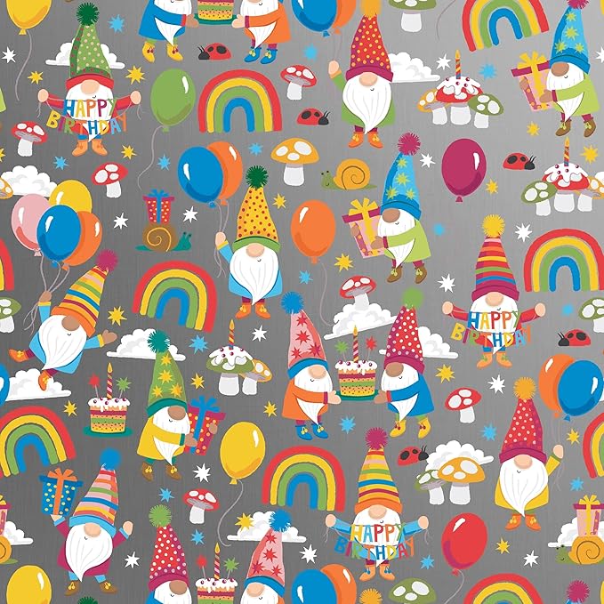 Jillson Roberts Bulk Gift Wrap, Everyday Gift Wrapping Supplies, Birthday Gnomes, 1/4 Ream 208 feet x 24 inches