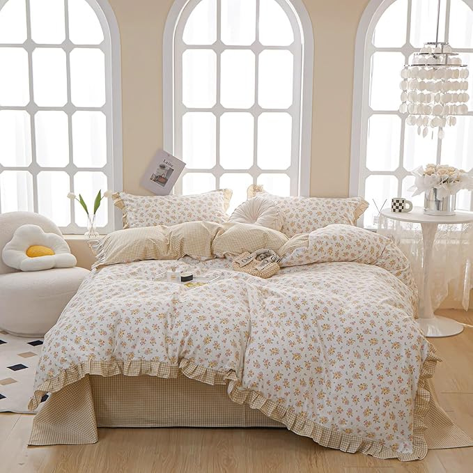 Ruffle Comforter Set Queen Vintage Rose Flower Comforter 3 Pieces Romantic Floral Bedding Set Queen Fluffy Soft Flowers Botanical Comforter Set 1 Flower Ruffled Comforter with 2 Lace Pillowcases