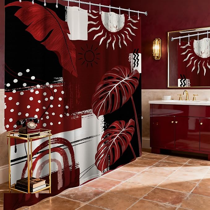 Black and Red Mid Century Modern Shower Curtain Bohemian Abstract Burgundy Shower Curtains for Bathroom Decor Sets, Waterproof Cloth Fabric with Hooks, 72x84 Inch