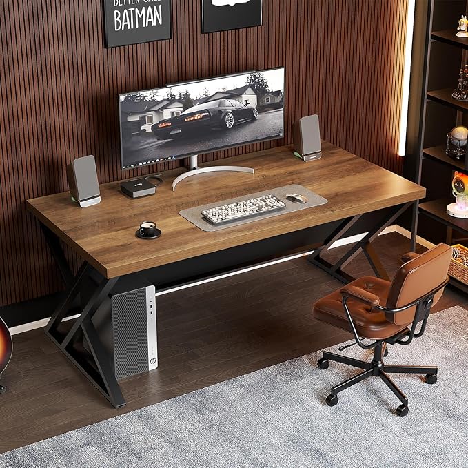 LVB Wood Computer Desk, Rustic Home Office Executive Desk for Bedroom, Industrial Wooden Computer Writing Study Work Gaming Table, Modern Metal PC Student Simple Desk with Storage, 55 Inch, Rustic Oak