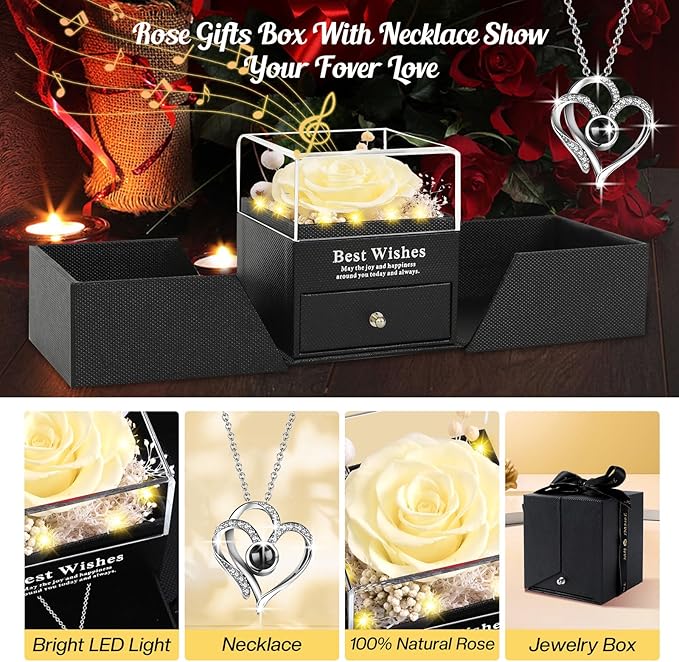 Preserved Real Rose Gift with “I Love You” 100 Languages Necklace and Music, Eternal Flower for Women Girlfriend Wife Mom Grandma, Romantic Anniversary Birthday Gift for Women