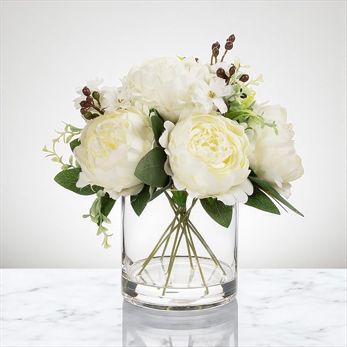 ENOVA FLORAL Artificial Flower Arrangement with Vase,Mixed Artificial Fake Silk Peony Flower in Vase for Decoration Home Office, Wedding Centerpiece (Cream01)