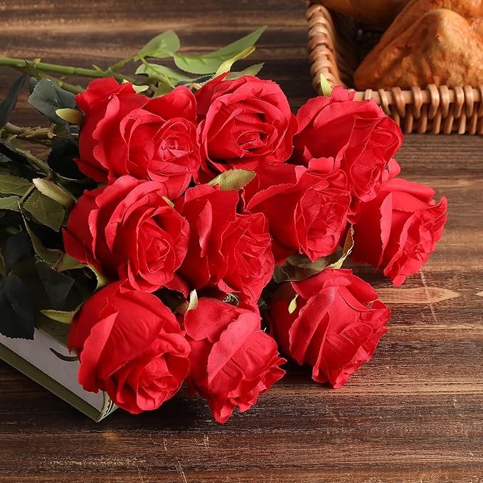 Kisflower 8 Pcs Red Roses Artificial Flowers with Stems Silk Roses Fake Rose Realistic Flower Bouquet for Wedding Party Office Home Decor (Red)