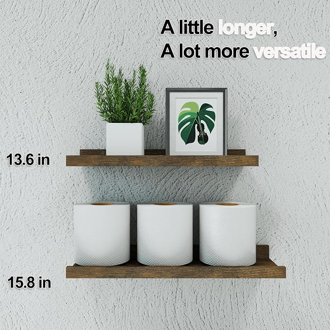 Floating Shelves for Wall Decor, Wall Mounted Wood Storage Shelf for Bedroom, Living Room, Bathroom, Kitchen, Nursery, Rustic Display Picture Ledge Shelf with Lip Set of 2-14 Inches, Brown
