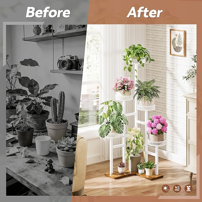 Plant Stand Indoor Outdoor, 6 Tier Tall Metal Wood Shelf Holder Display Rack Flower Pot Stand for Patio Garden Balcony Living Room Bedroom